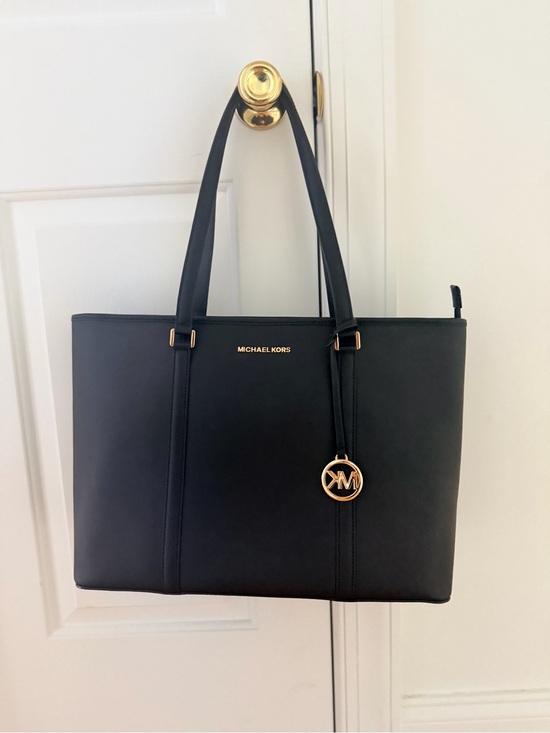 Michael Kors Handbags - Michael Kors Black Leather Tote with Gold MK Charm